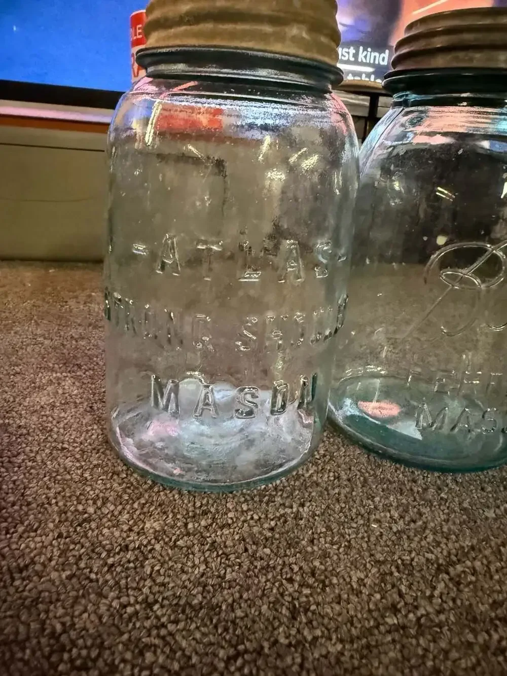 Vintage Blue Glass Mason Jars - Atlas Strong Shoulder Mason & Ball Perfect Mason
